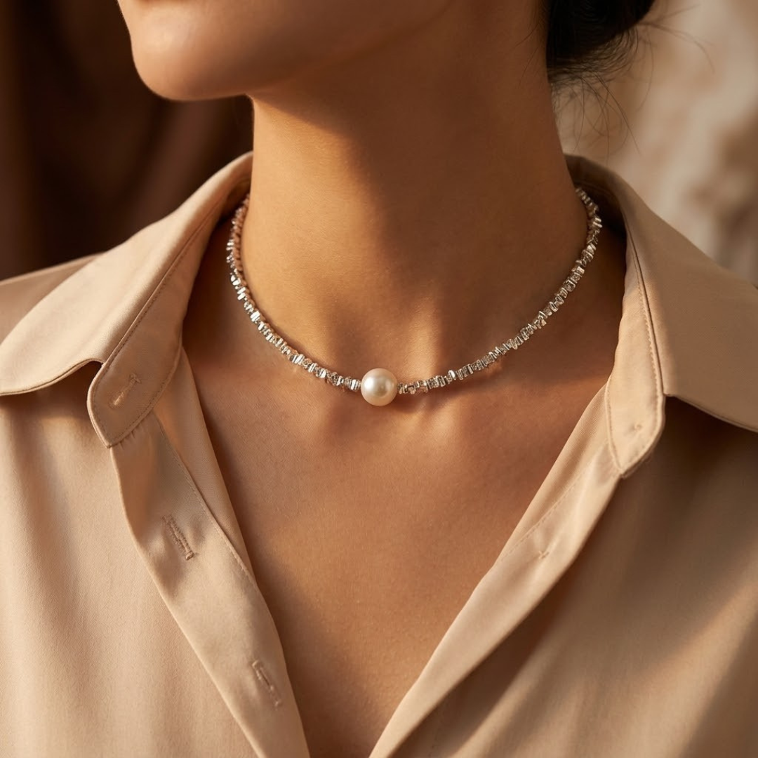 Silver Minimalist Pearl Choker Necklace by Rose & Oliver - product image 1